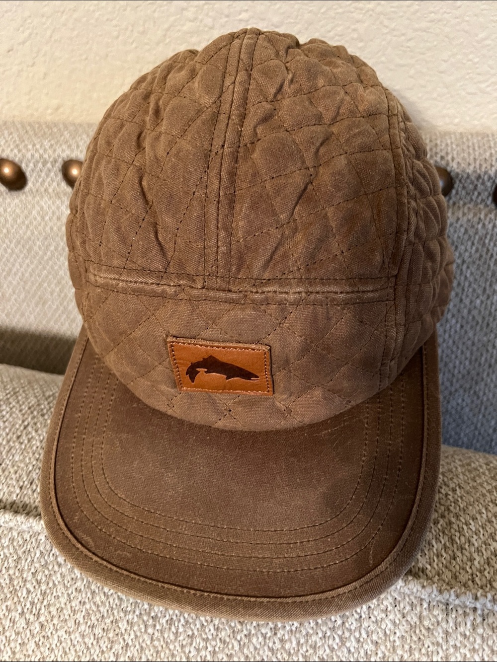 Simms Dockwear Insulated Quilted Brown Cap with Leather Fish Patch